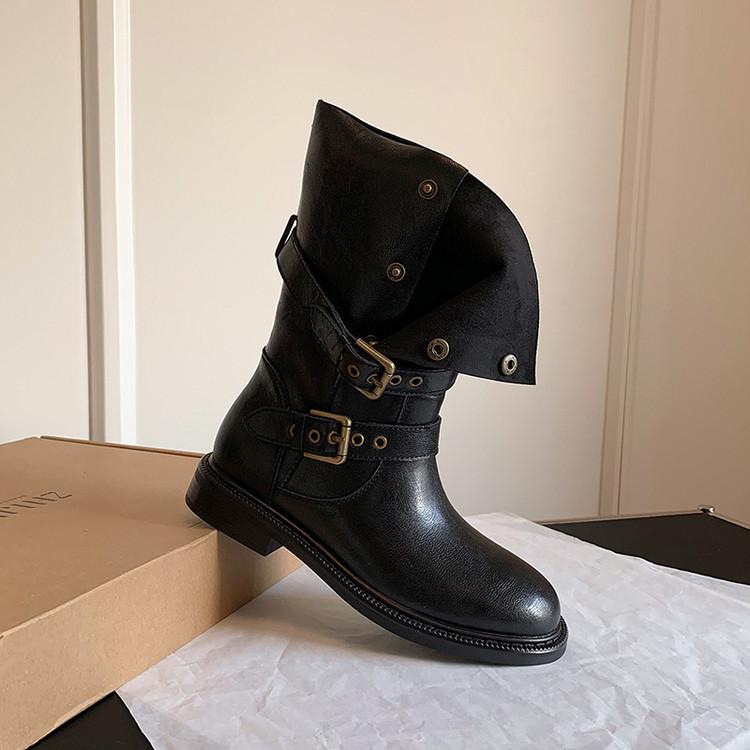 Přezka na opasek Spice Girl Wastestyle Westernové boty Dámské skládané kozačky 2025 Nové rytířské boty Vintage Martinovy boty