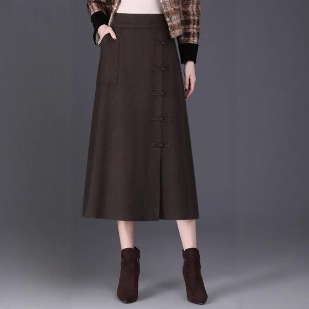 Women's Frog Button Knit Midi Skirt - High Waist, Slimming A-Line for Autumn/Winter 2025