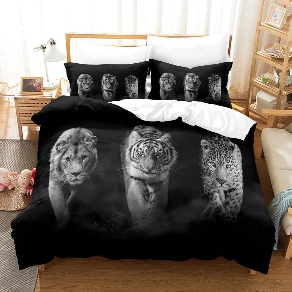 3D Tiger Leopard Pattern Bedding Set Ties Wild Animal King Of The Jungle Theme Duvet Cover  For Boys Teens Gifts Full Size