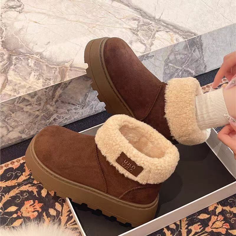 Thick-bottomed Fleece Thickened Winter Snow Boots with Integrated Fur, New Waterproof Medium Tube Warm Fleece