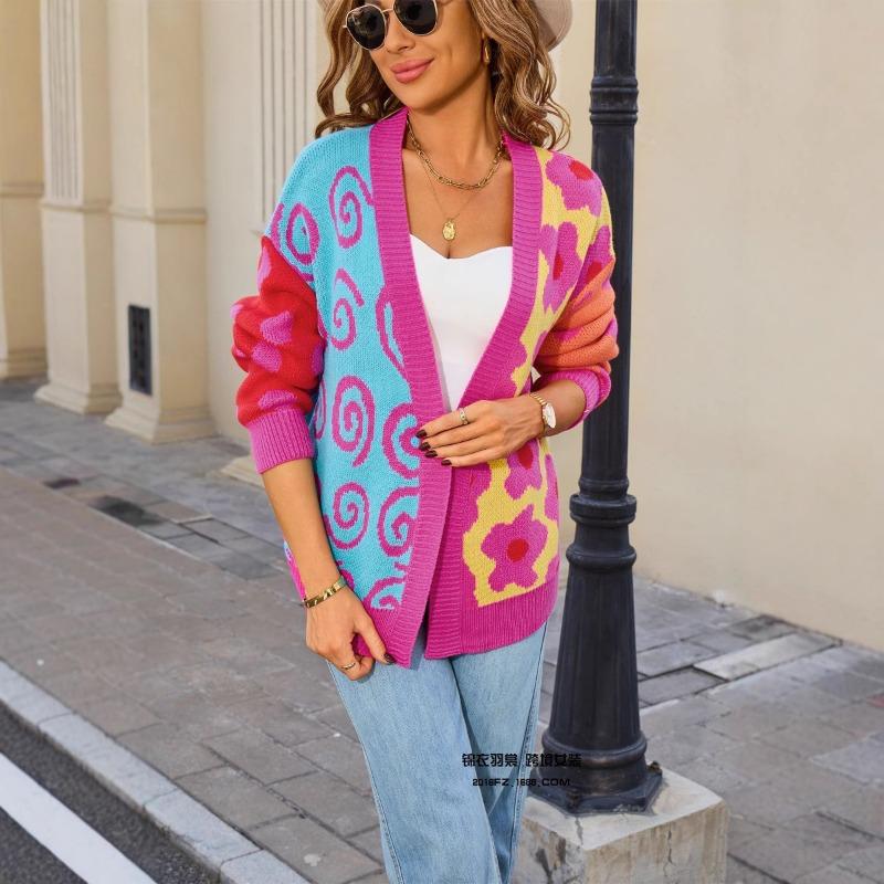 New Autumn and Winter Women's Color Knitted Cardigan All-match Jacket Fashion Print Elegant Cardigan