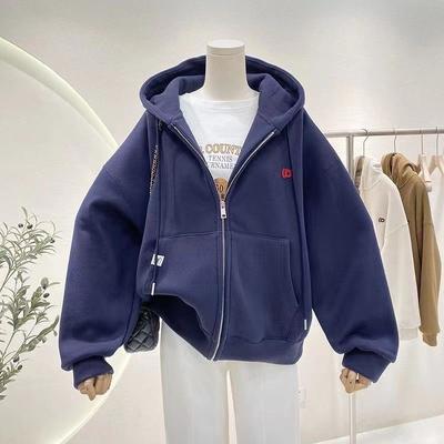 Einfaches Vielseitiges Lockeres Plüsch Verdicktes Kapuzensweatshirt für Damen Herbst Winter Lässig Übergroß Reißverschluss Strickjacke