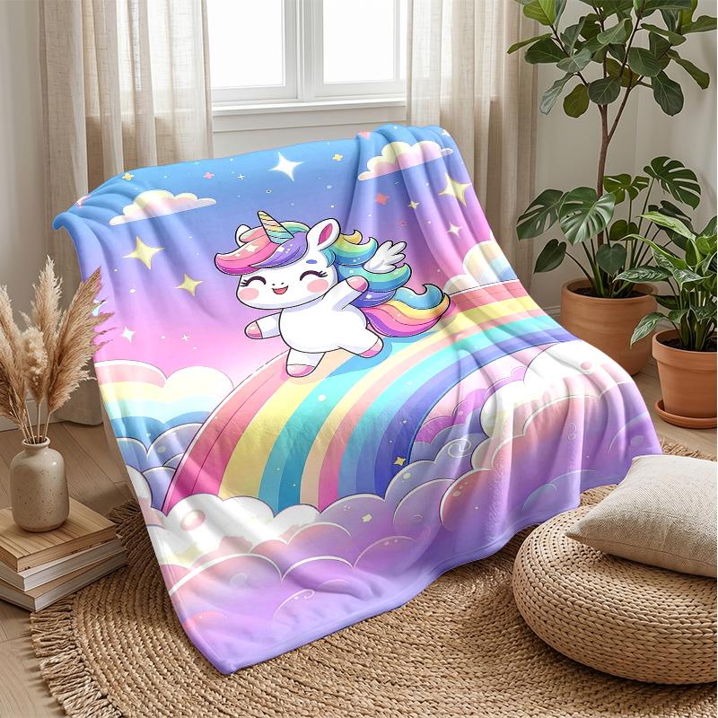 Cute Unicorn Rainbow Blanket Personalized Name Flannel Blanket Soft Cozy Plush Throw for Sofa Bed Lightweight Home Decor