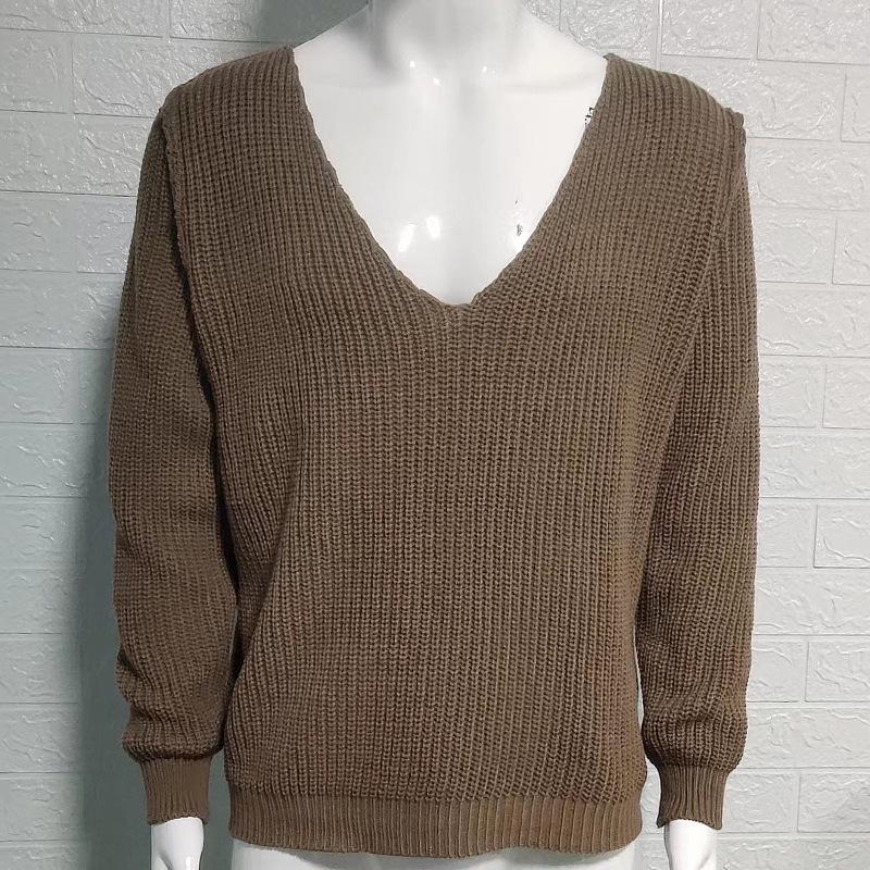 Men's V-Neck Solid Color Long Sleeve Knit Sweater - Autumn/Winter Fashion