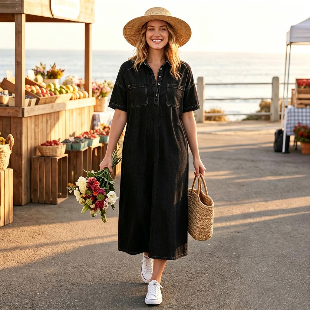 Loose Fit V Neck Denim Look Dress for Women Mid Length Short Sleeve Casual Shirt Dress with Front Pockets and Button Placket