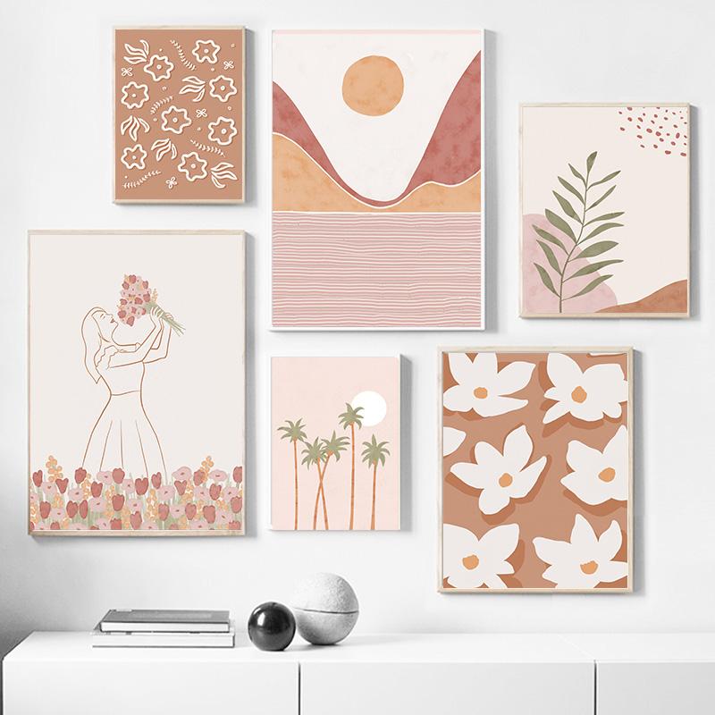 Boho Mountain Sun Line Girl Flower Leaves Wall Art Canvas Painting Minimalist Posters And  Prints Pictures For Living Room Decor