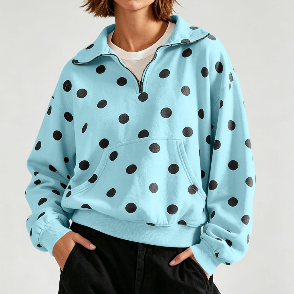 Women's Long Sleeve Half Zip Polka Dot Sweatshirt