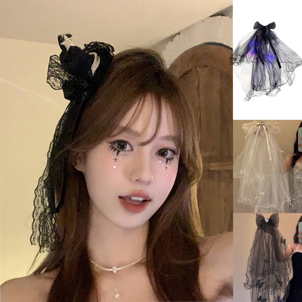Glowing Lace Veil Butterfly Party Cosplay Ghosted Bride Headwear Accessories Black / White Veil with Butterfly Bows