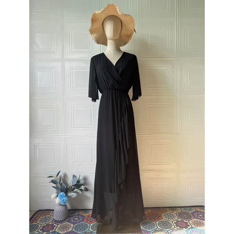 

European American Summer New Elegance Sexy Temperament Short Sleeve Waist-Controlled Maxi Dress Sexy V-neck Dress Black S
