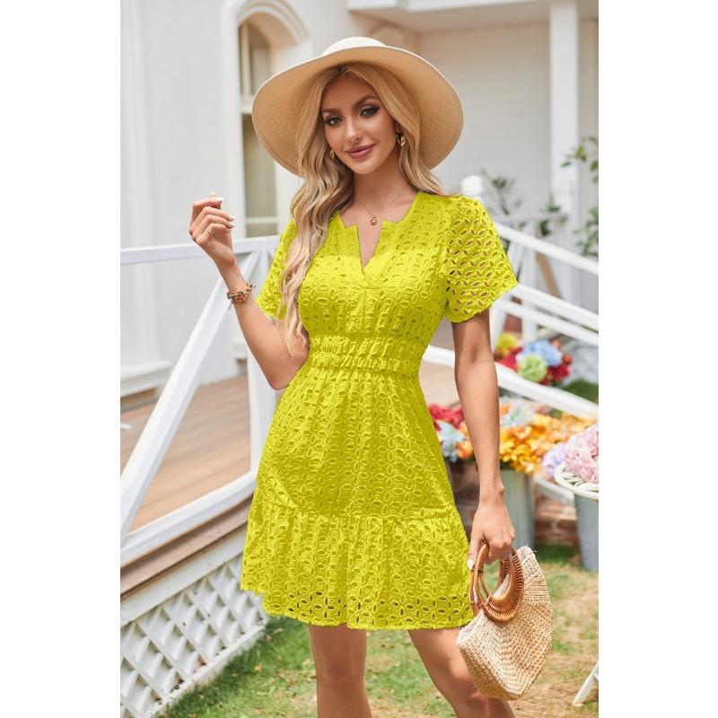 Female V-neck Hollow Lace Pleated Short Sleeved Dress