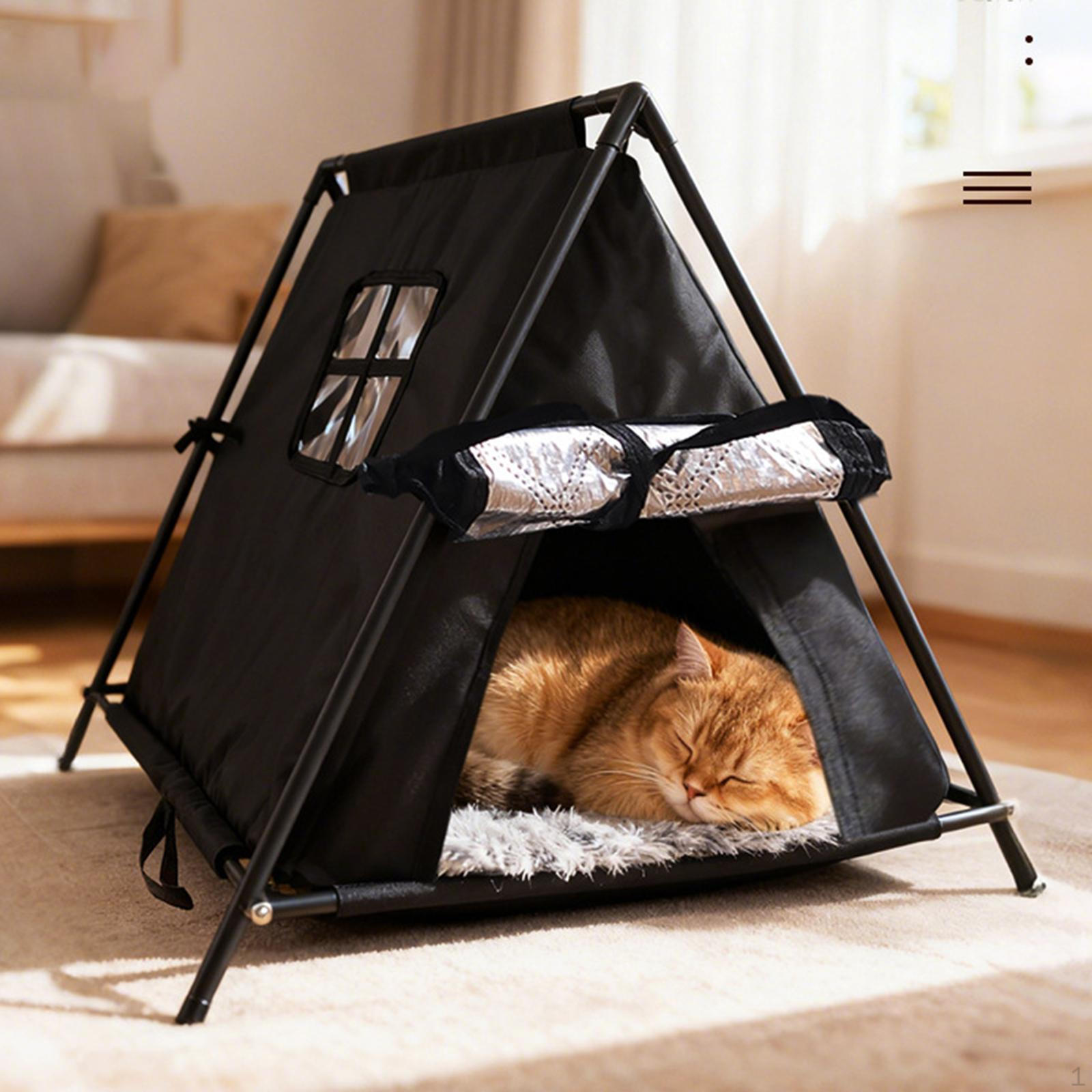

Cat Tent House Bed Aluminum Foil Lining Hideaway Nest Kitten Cave for Terrace Barn black S
