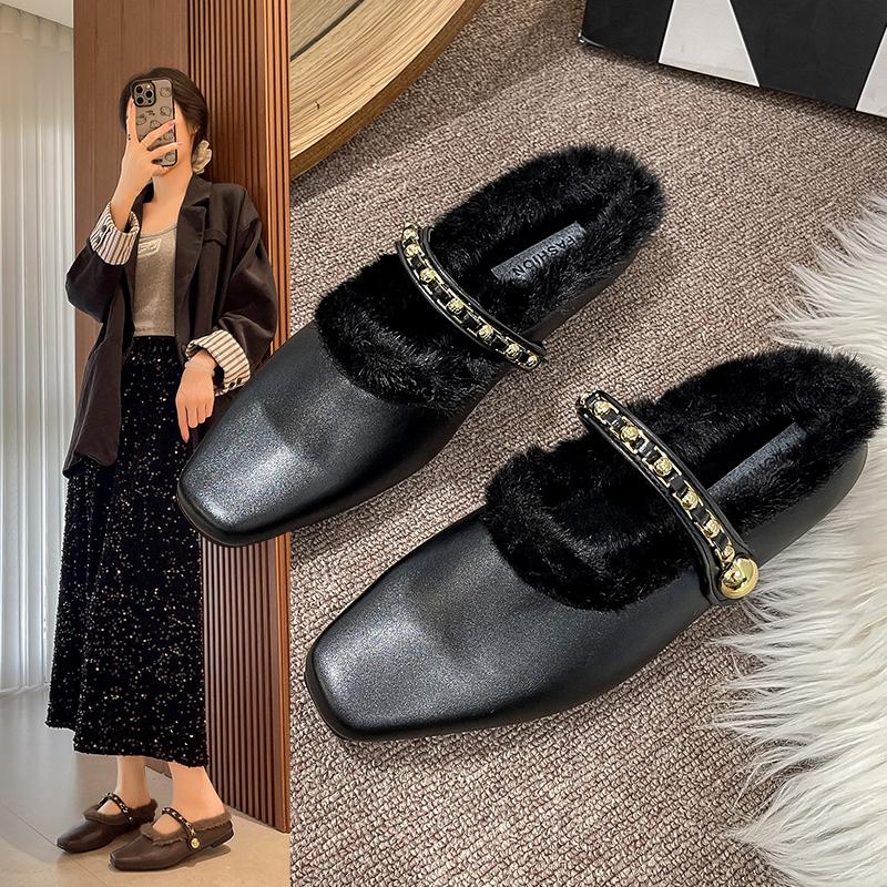 Fashion 2025 New Fashion Women Round Toe Flats Baotou Slippers with Velvet Matte Finish Single Casual Shoes Women Comfort Loafers Shoes