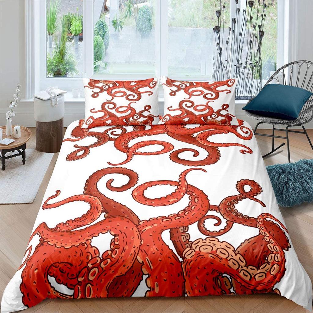 Oktopus Bettbezug-Set, Cartoon Oktopus Tentakel Polyester Bettdeckenbezug Einzelgröße, Meer Marine Bettwäsche-Set für Kind Jungen Mädchen