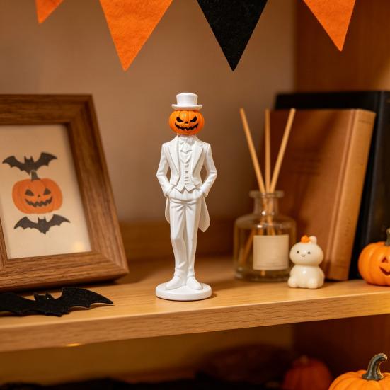 Horror Retro Desktop Decor Pumpkin Gentleman Figurine, Halloween Head Man Statue, Spooky Figurine 3D Printed Ornament for Shelf Mantel Tabletop Statue