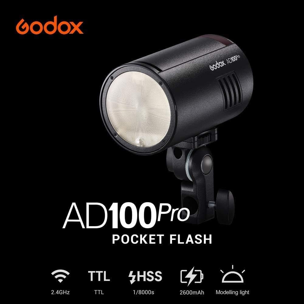Godox AD100Pro 100Ws TTL HSS Pocket Lithium 360 Second Round Magnetic Flash Head 2.4G 1/8000s Flashlight, 7.2V/2600mAh Battery, Full-Power Flashes,