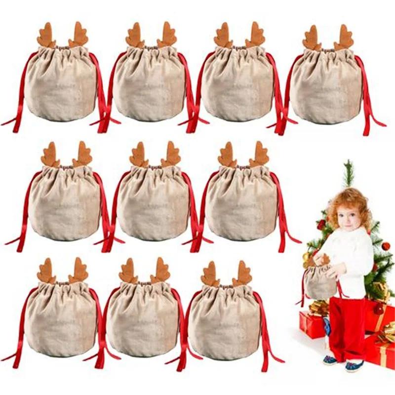 2Pcs Christmas Candy Gift Bag Velvet Santa Drawstring Gift Bags Christmas Decoration Kids New Year Party Gift