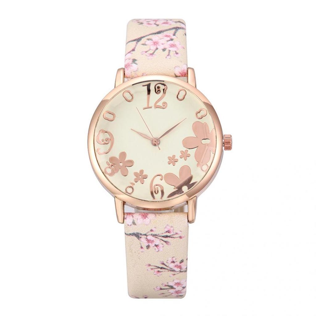 Orologio al quarzo da donna con cinturino in pelle analogico con quadrante rotondo floreale creativo