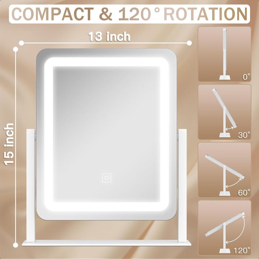

Зеркало для макияжа с подсветкой, настольное зеркало с подсветкой для стола, умное сенсорное управление с 3-цветным освещением, диммируемое, вращение на 360 градусов, белое United States