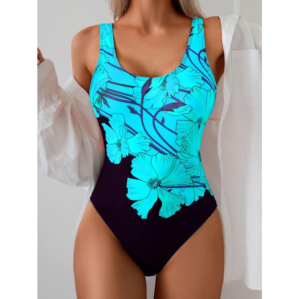 Costume da bagno intero da donna aderente con vita avvolgente, scollo rotondo, stampa floreale nero con fiori rosa, alta elasticità per spiaggia, piscina, estate
