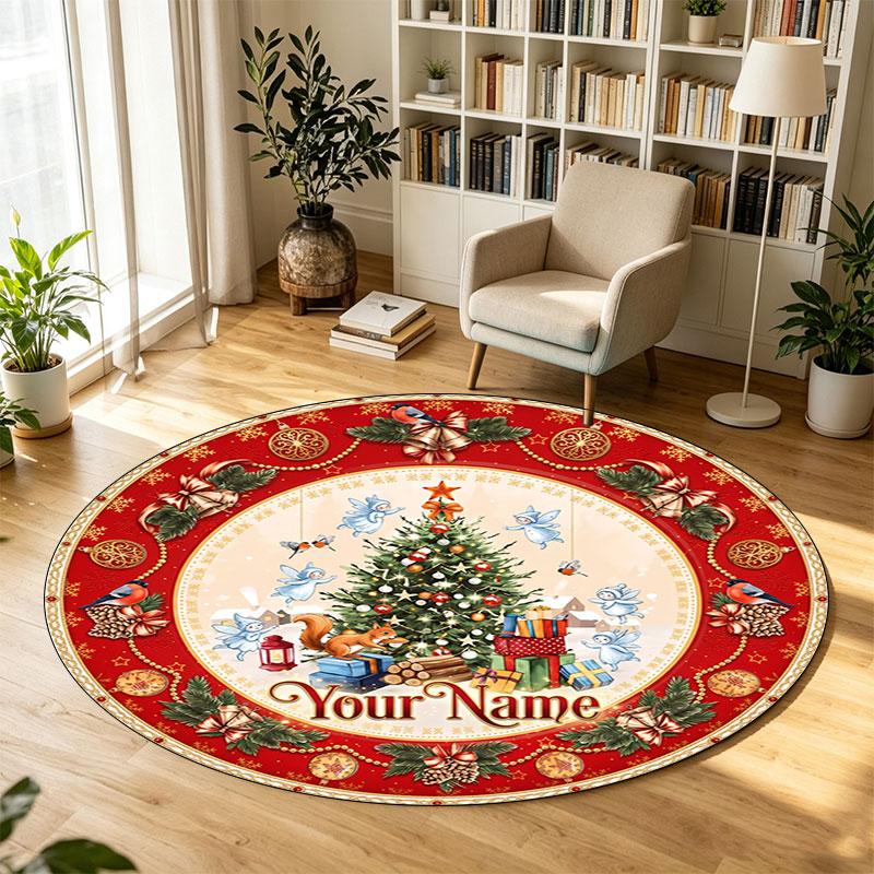 Christmas (22) Theme Circular Crystal Velvet Carpet Customized Name & Text Round Soft Floor Rug For Living Room Bedroom Decor