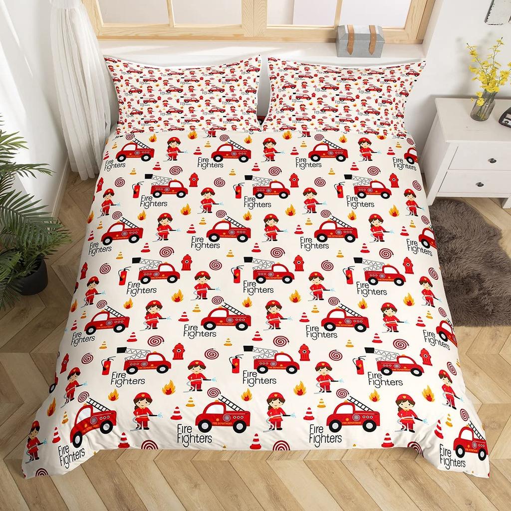 Fire Truck Bedding SetBurning Flames Duvet Cover for Kids Fire Engine Comforter Cover Red Truck Quilt Cover with 2 Pillowcases