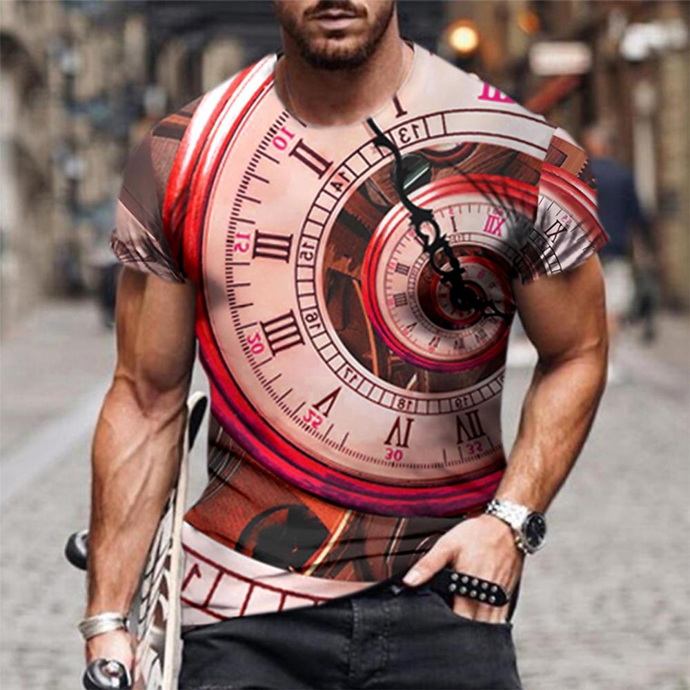 2024 Men's Vintage Clock Print T-Shirt Men's Street Casual Wear Men's Summer Fashion Top Men's Sports Sweat Wicks Short Sleeve