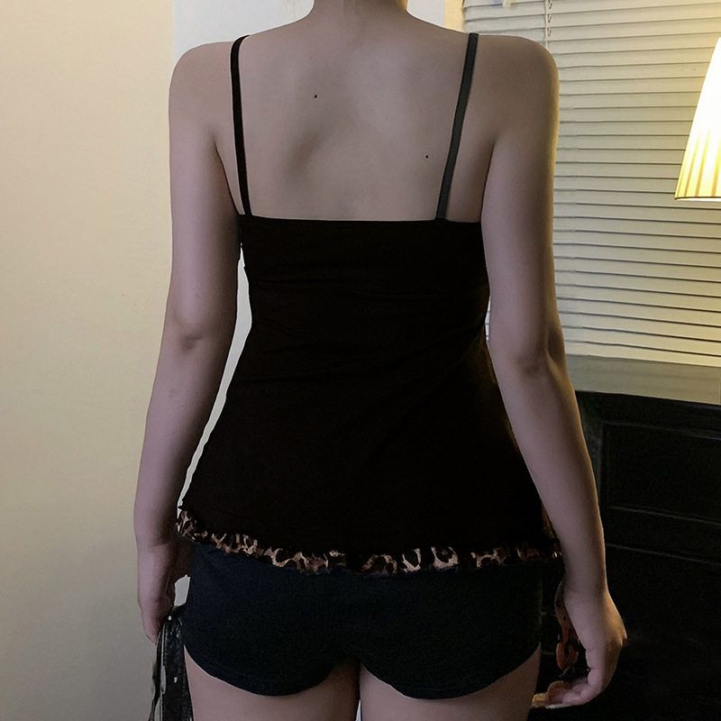 European and American Sexy Hot Girl Style Leopard Print Color-Blocking A-Line Tank Top, Pure Desire Style, Slim Fit, Lace-Up Lace Camisole Top