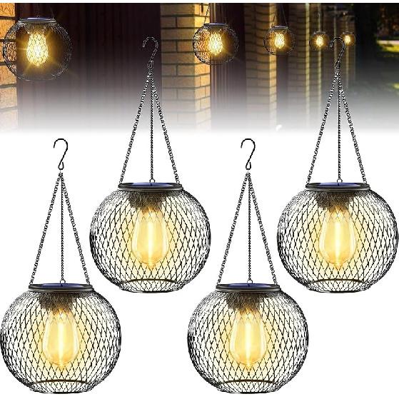 Waterproof Outdoor Solar Hanging Light,Upgraded Metal Hanging Solar Lights Lantens for Outside Decorative Lanterns for Garden Yard Patio
