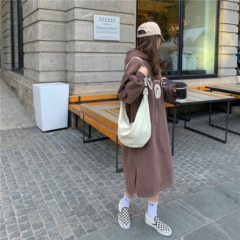 Korean Style Fleece-Lined Hooded Over-Knee Sweatshirt Coat - Plus Size Women's Autumn/Winter 2025 Collection