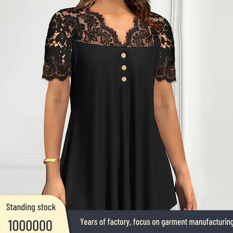 Spring/Summer 2025 European & American Women's Black Lace Short Sleeve Casual Top