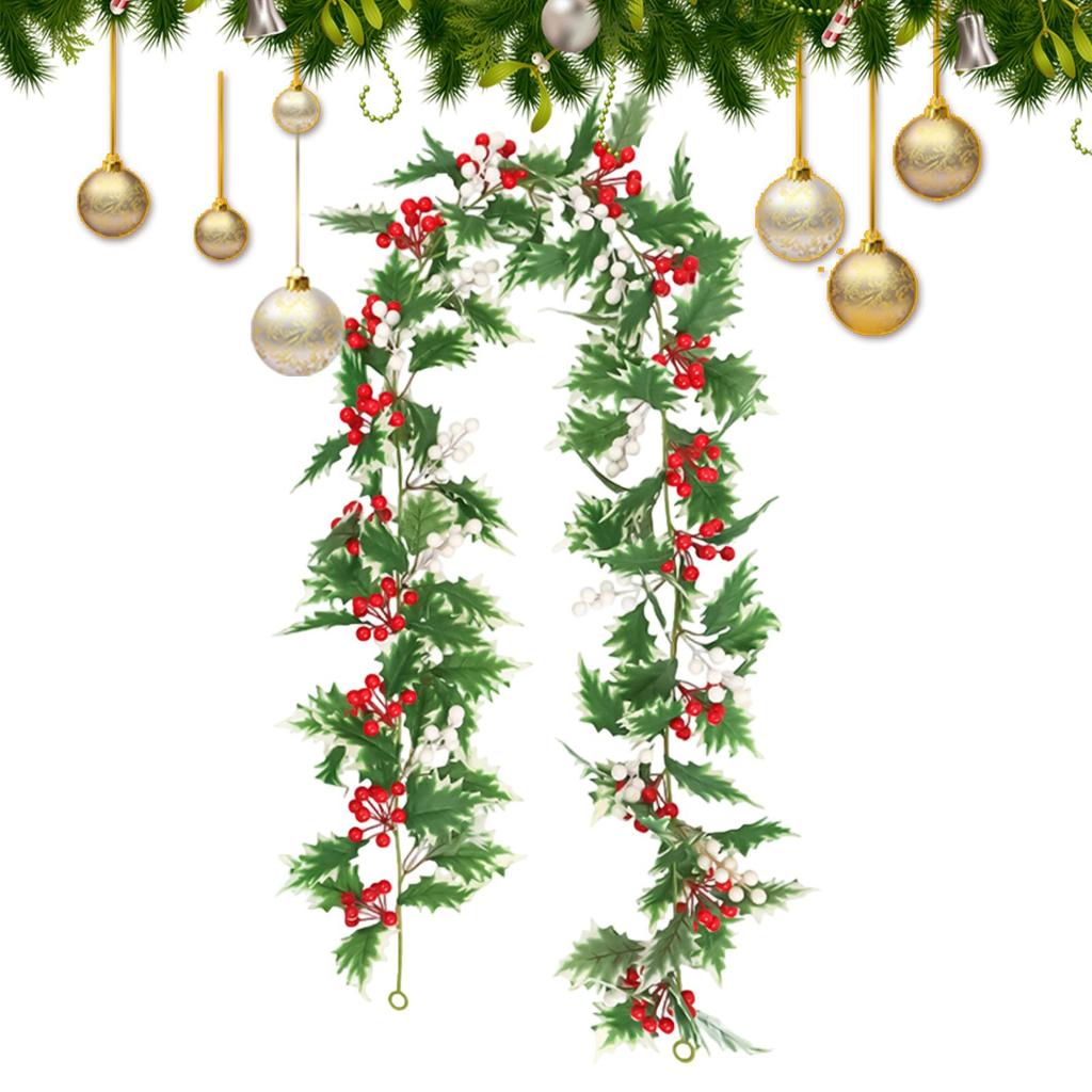 69Inch Christmas Garland Faux Leaves With Red Berries Artificial Vine Garland For Home Living Room Front Door Patio Outdoor