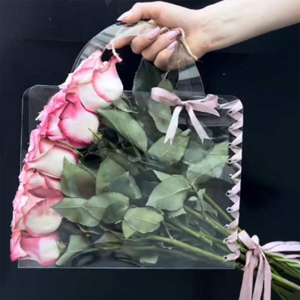 3 Pieces Transparent PET Flower Bouquet Bag Waterproof with Handle Flower Packing Bag Romantic Portable Flower Wrapping Handbag