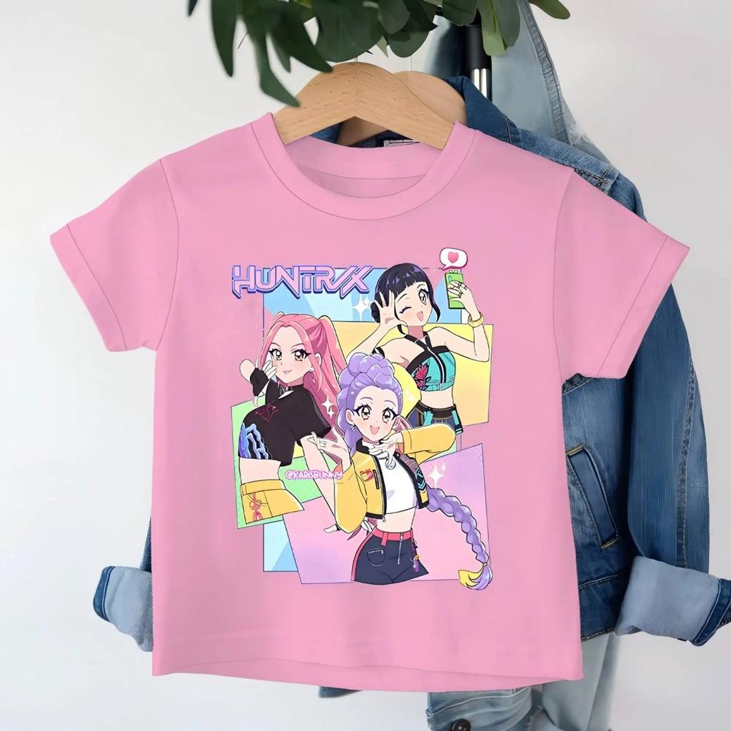 HUNTRX Anime Cartoon Mädchen Print Kinder T-Shirt | Japanischer Y2K Stil Unisex Kinder Baumwolle Lässig Kurzarm T-Shirt