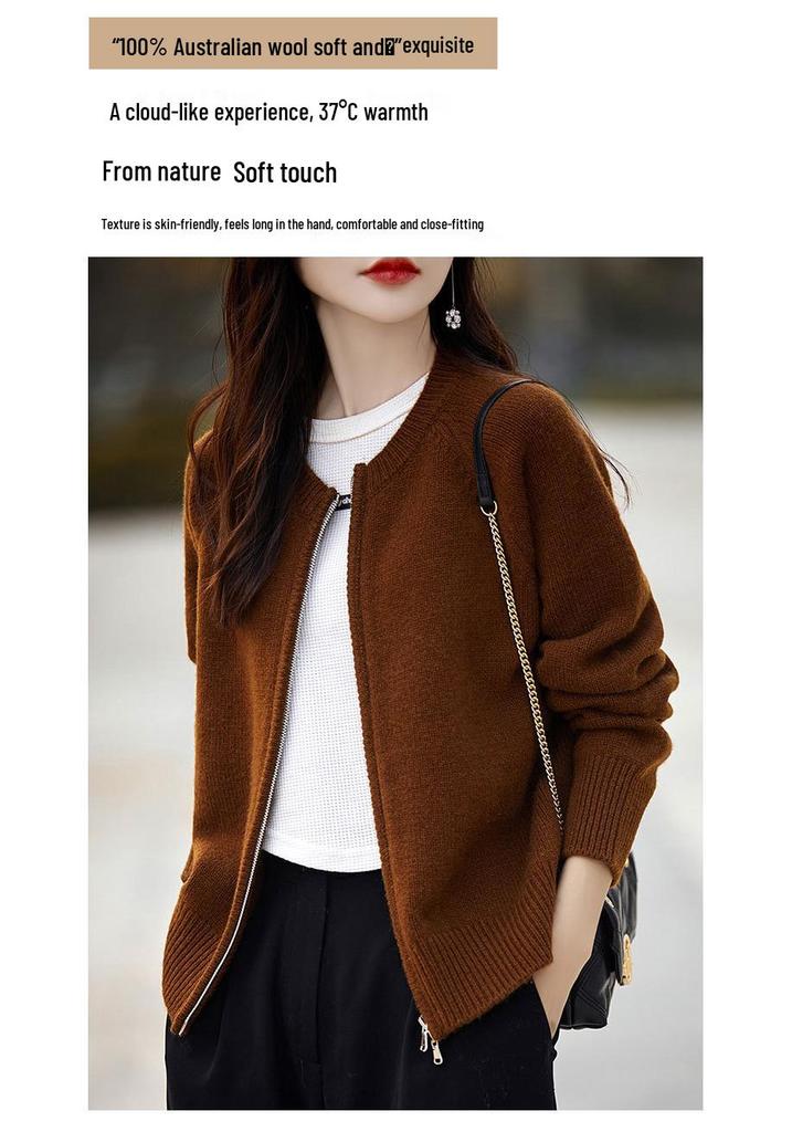 Women's 100% Wool Round Neck Knit Cardigan - Double Zipper, Solid Color, Loose Fit, Casual Fashion, Short Length