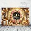 2D Elegant Gold Pink Floral 50th Birthday Backdrop Banner Party Decor Background