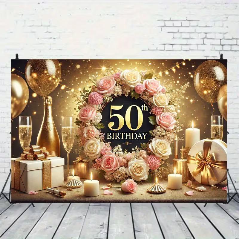 

2D Elegant Gold Pink Floral 50th Birthday Backdrop Banner Party Decor Background 47.2x31.5inch/120*80cm