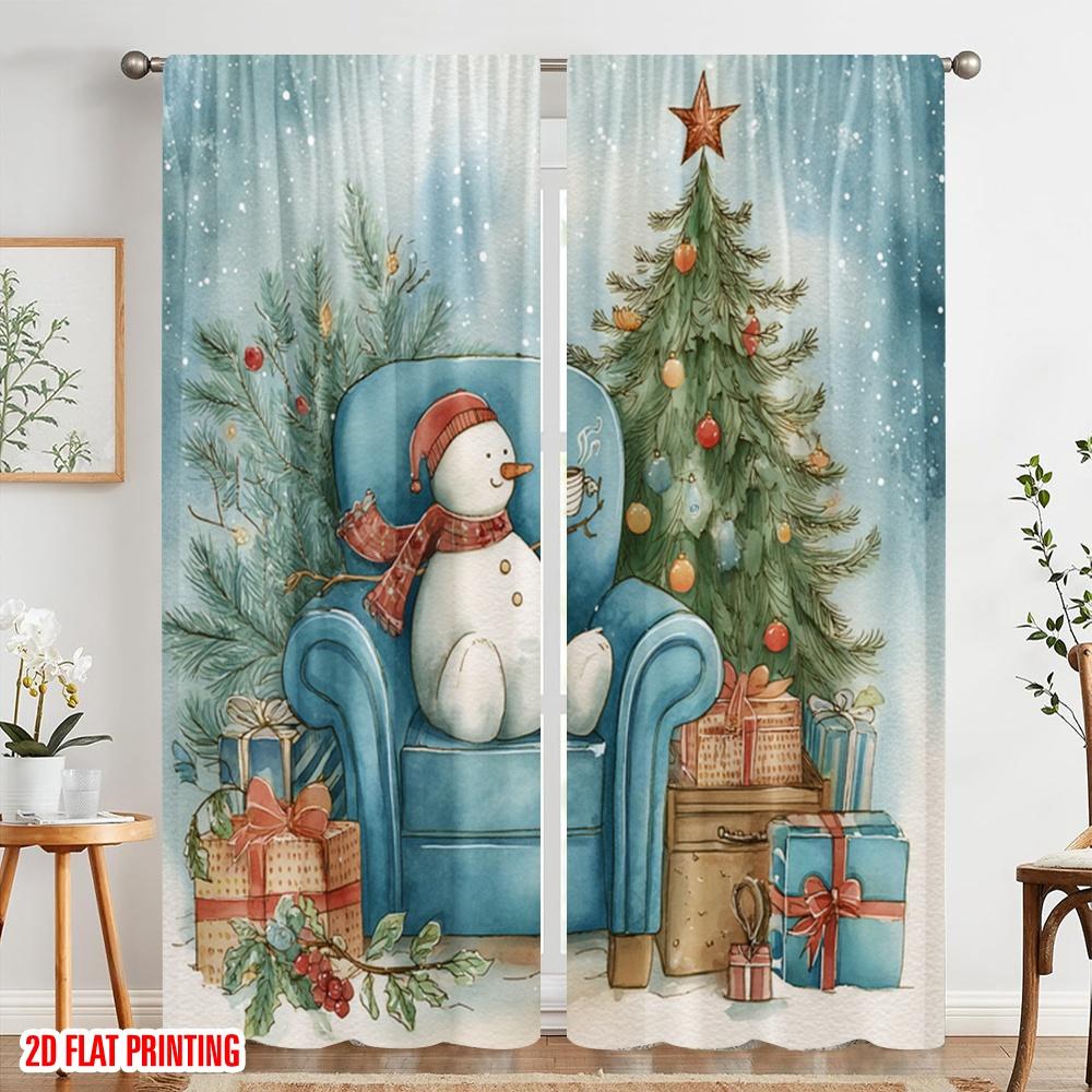 2pcs,2D Plane Printing Popular Curtains Snowman & Snowflake Polyester Easy Install (without Rod) Festive for Kitchen, Bedroom &