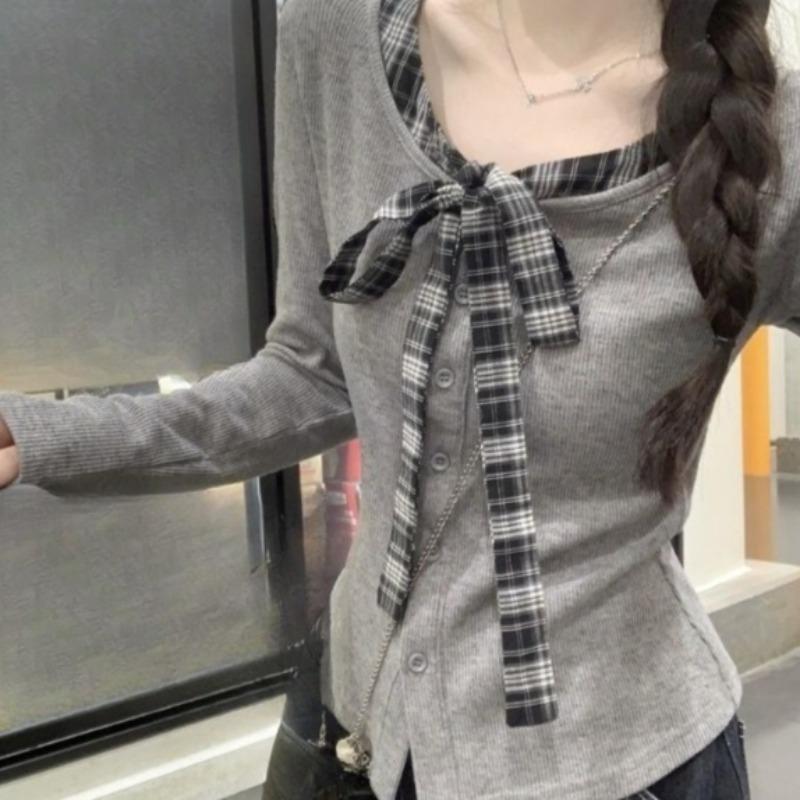 Bow Design Women's Cardigan Korean Style V-neck Spliced Lace Up Single Breasted Famale Sweater Autumn Fashionable Loose Comfortable Ladies Top