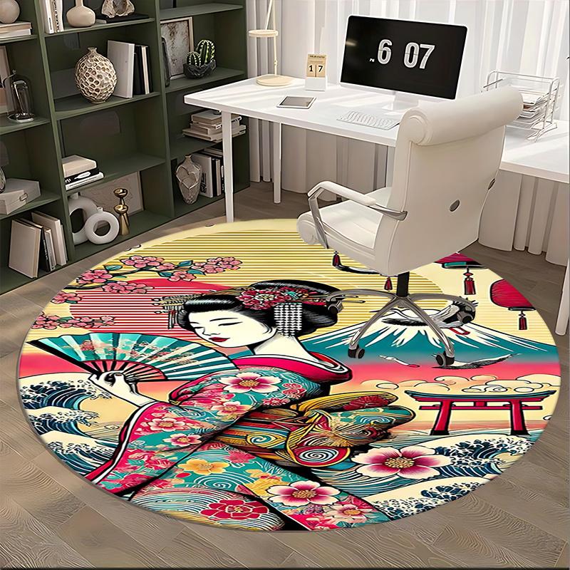Japanese Geisha Artwork Chair mat Round Rug-Office carpet, Machine Washable, Non-slip, Suitable for Living Rooms, Bedrooms