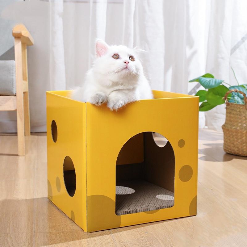 2-Layer Foldable Cardboard Cat House Fun Cheese Design Breathable Sturdy Scratching Post Cat Beds for Sleeping And Playing