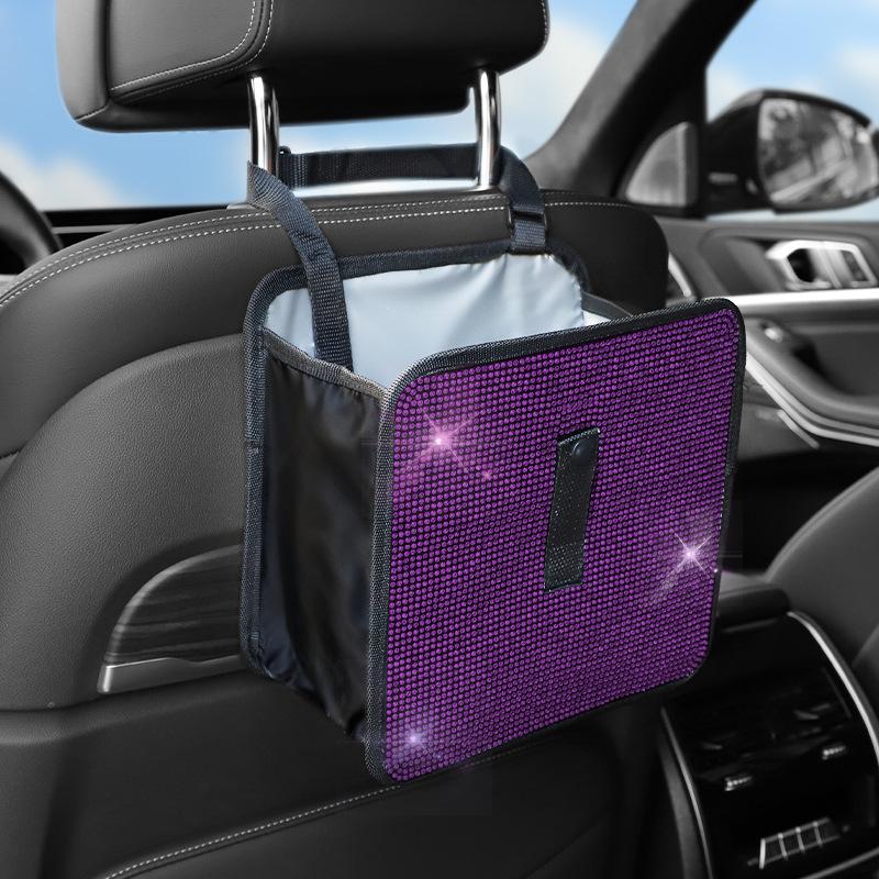 Bling Collapsible Car Trash Can Large Capacity Seat Back Hanging Garbage Storage Bag Organizer For Women Interior Accessories