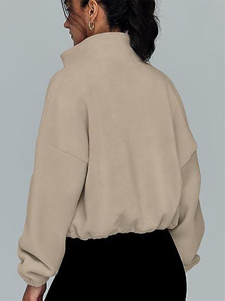 Women Solid Color Velvet Sporty Casual Coat Top Stand Collar Zipper Sweatshirt