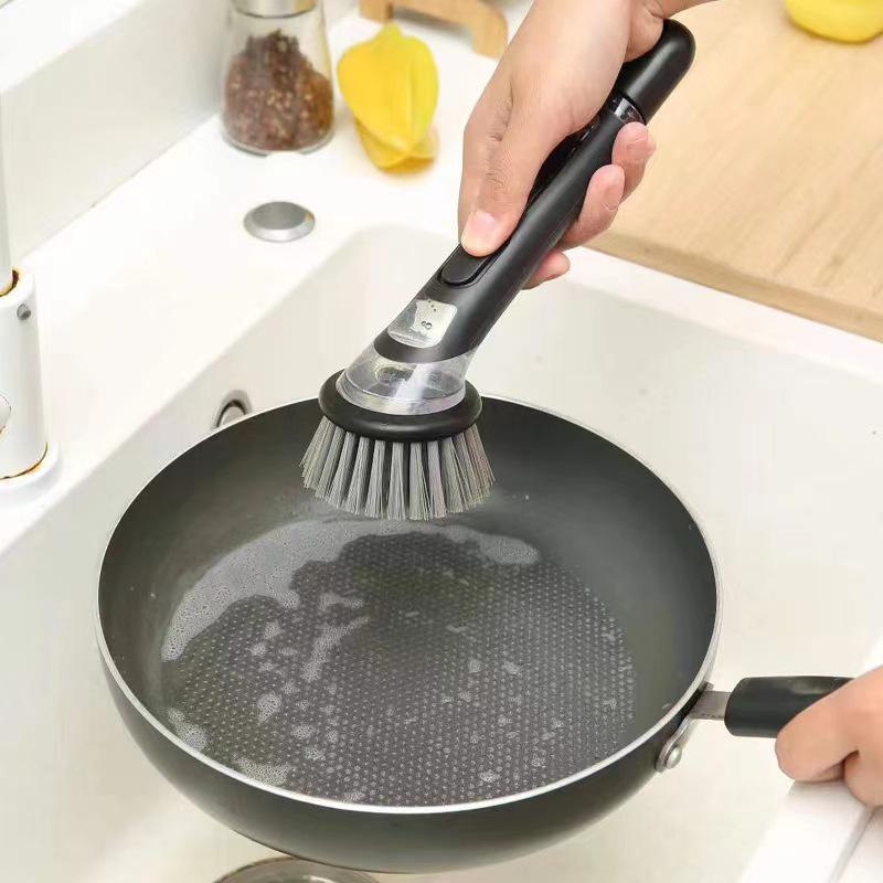 Automatic Liquid-Dispensing Long Handle Kitchen Cleaning Brush with Steel Wool