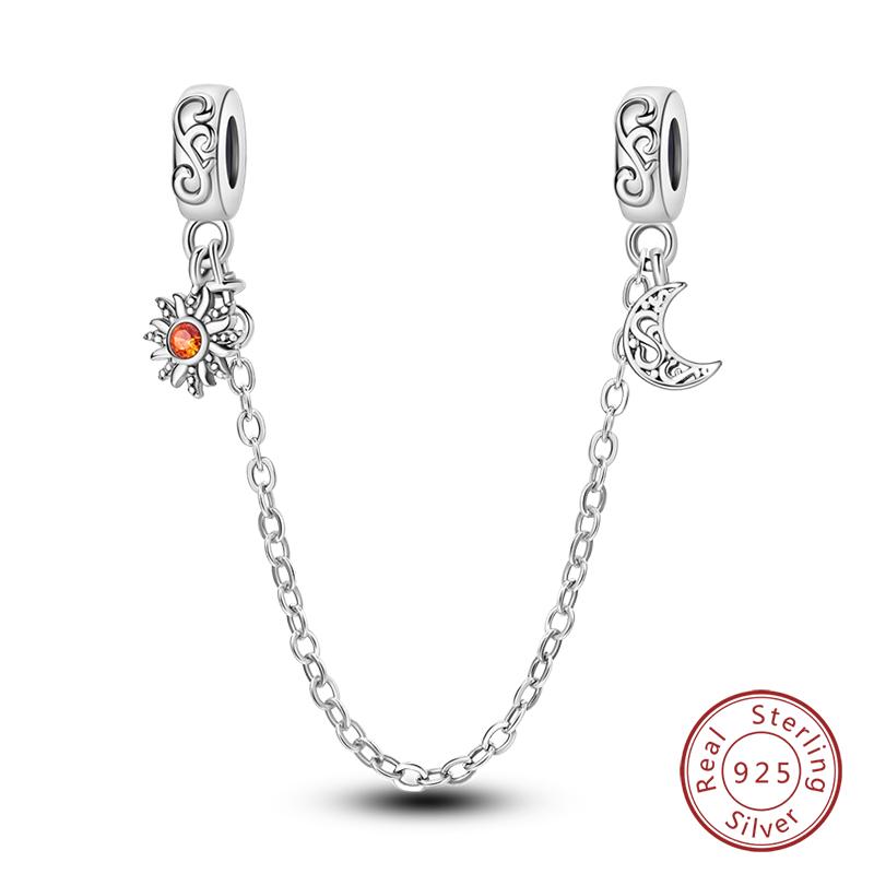 Real 925 Silver Stars & Moon Sunflower Safety Chains Spacer Beads Charms Fit Qikaola 925 Bracelets DIY Jewelry