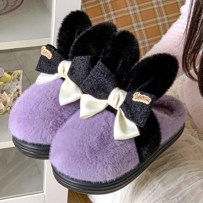 New cute rabbit ear bow cotton slippers winter indoor home non-slip warm thick bottom fluffy slippers