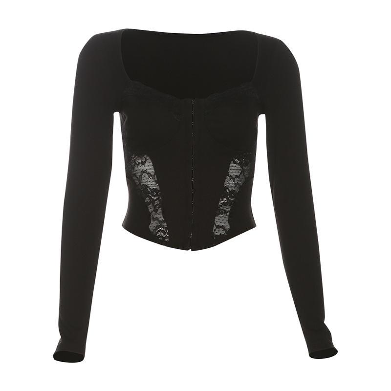 

2024 Осень/Зима Сексуальный кружевной облегающий короткий топ для женщин Small чёрный