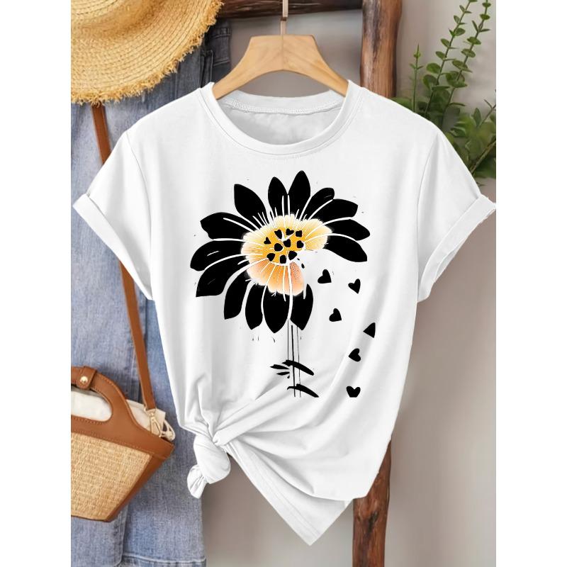 Summer Fashion Women'S T-Shirt | Daisy Flower Print Casual Loose Fit Top for Beach Vacation Outing, Crew Neck, Regular Sleeve