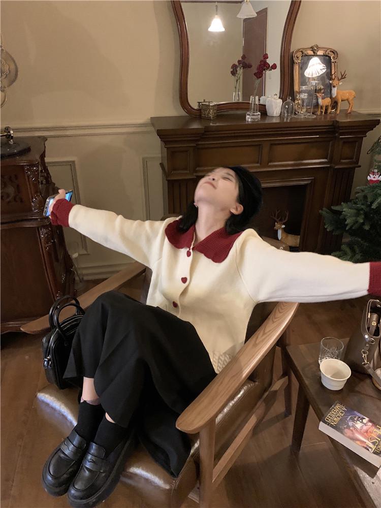 2025 Color Block Red Peter Pan Collar Knit Cardigan for Women