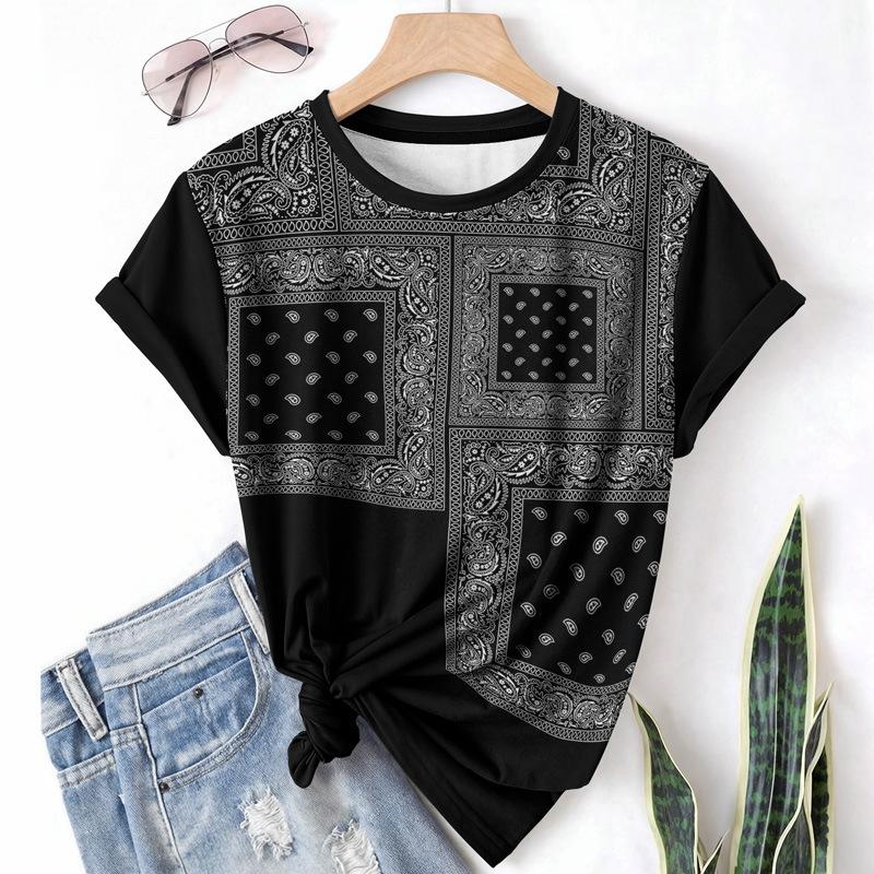Summer Round Neck Short Sleeved Women's T-shirt with 3D Element Pattern Loose Breathable Lightweight Fabric Shirt