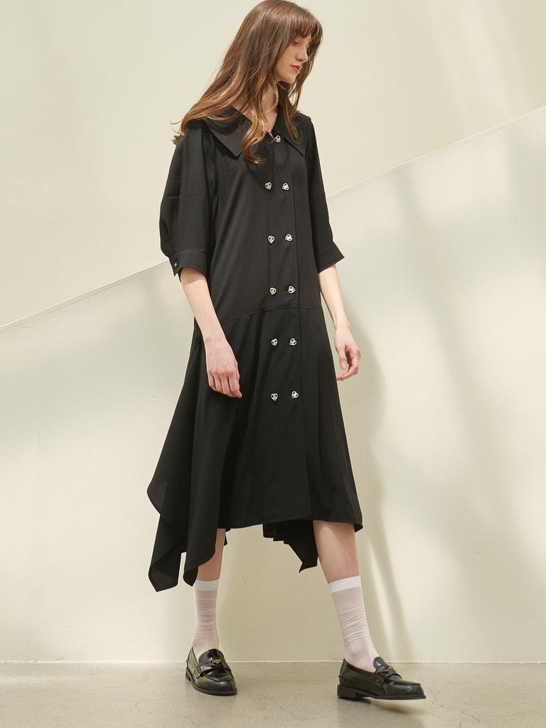 Mite Cape Collor Unbalance Ham Line Dress_Black